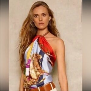 Ralph Lauren equestrian corset halter runway silk scarf leather collar small nwt